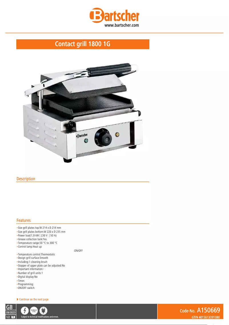 Page n°1 - Fiche technique Bartscher A150669