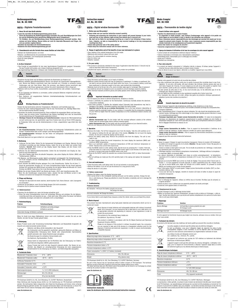 Page 1 de la notice Manuel utilisateur TFA Vista 30.1030