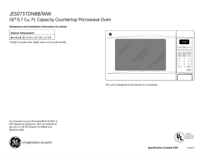 Page 1 de la notice Fiche technique GE JES0737DNWW
