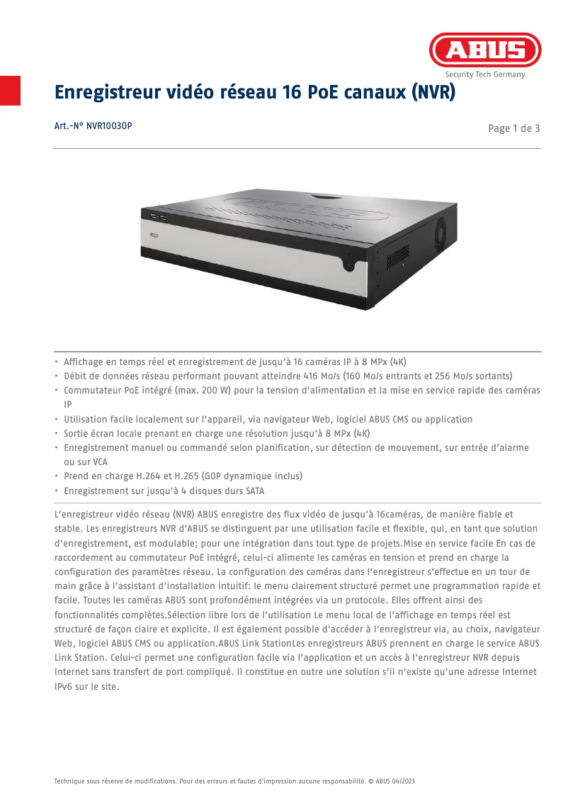 Image de la première page du manuel de l'appareil NVR10030P