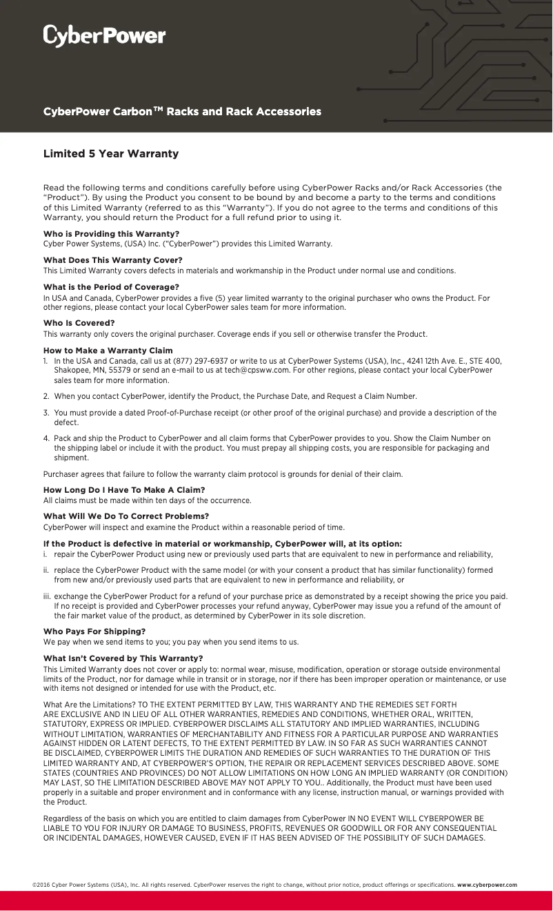 Page 1 de la notice Informations de garantie CyberPower CRA30008