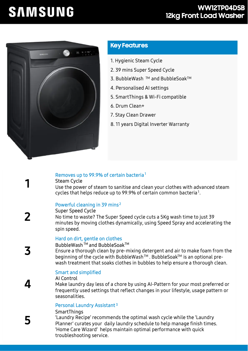 Page 1 de la notice Fiche technique Samsung WW12TP04DSB