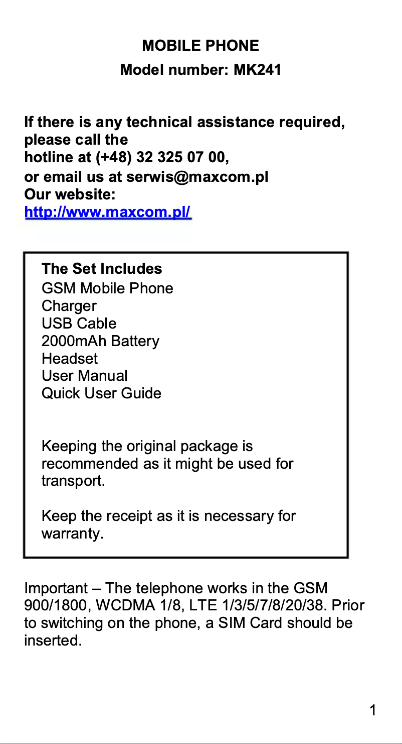 Page 1 of the manual Instruction Manual MaxCom MK241