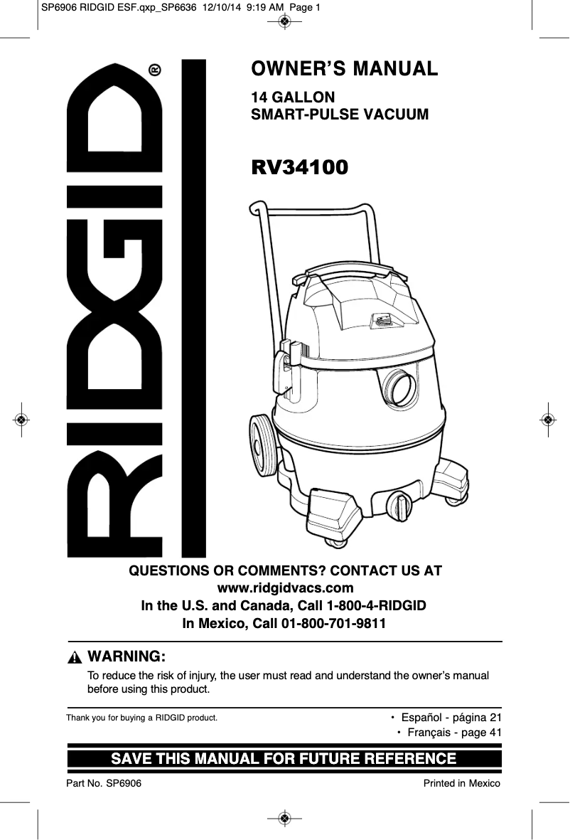 Page n°1 - Manuel utilisateur Ridgid Smart Pulse VF3800