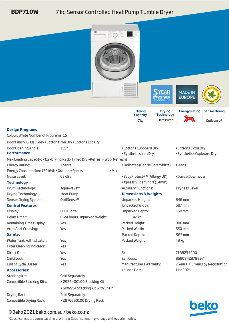 Page 1 de la notice Fiche technique Beko BDP710W