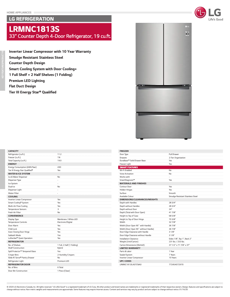 Page 1 de la notice Fiche technique LG LRMNC1813S
