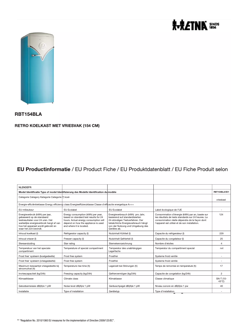 Page 1 de la notice Fiche technique Etna RBT154BLA