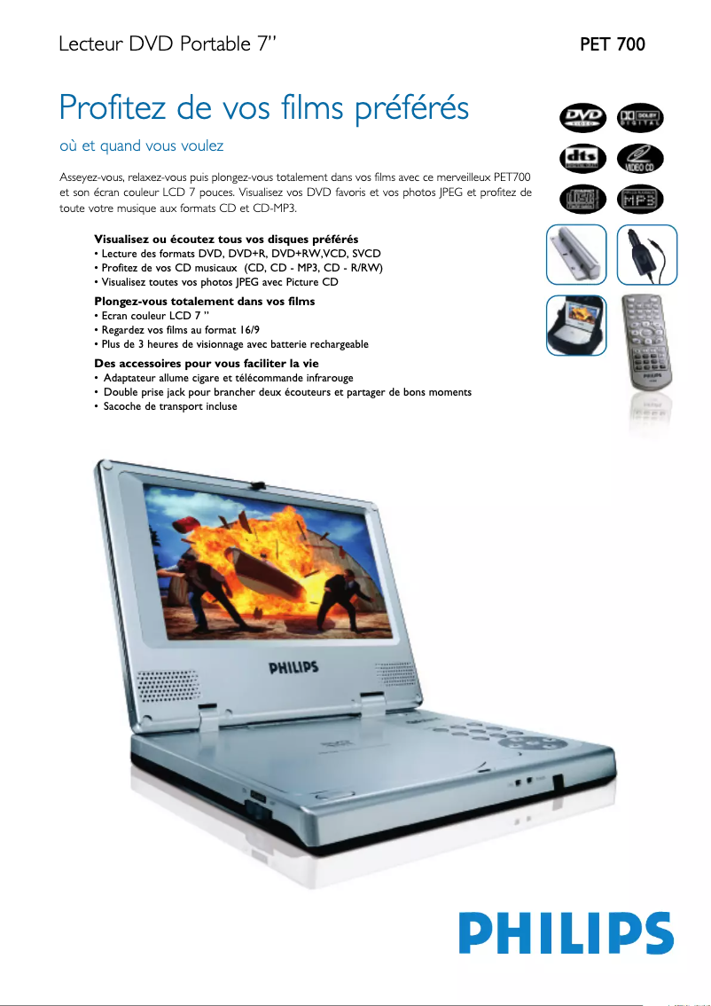 Page 1 de la notice Fiche technique Philips PET700