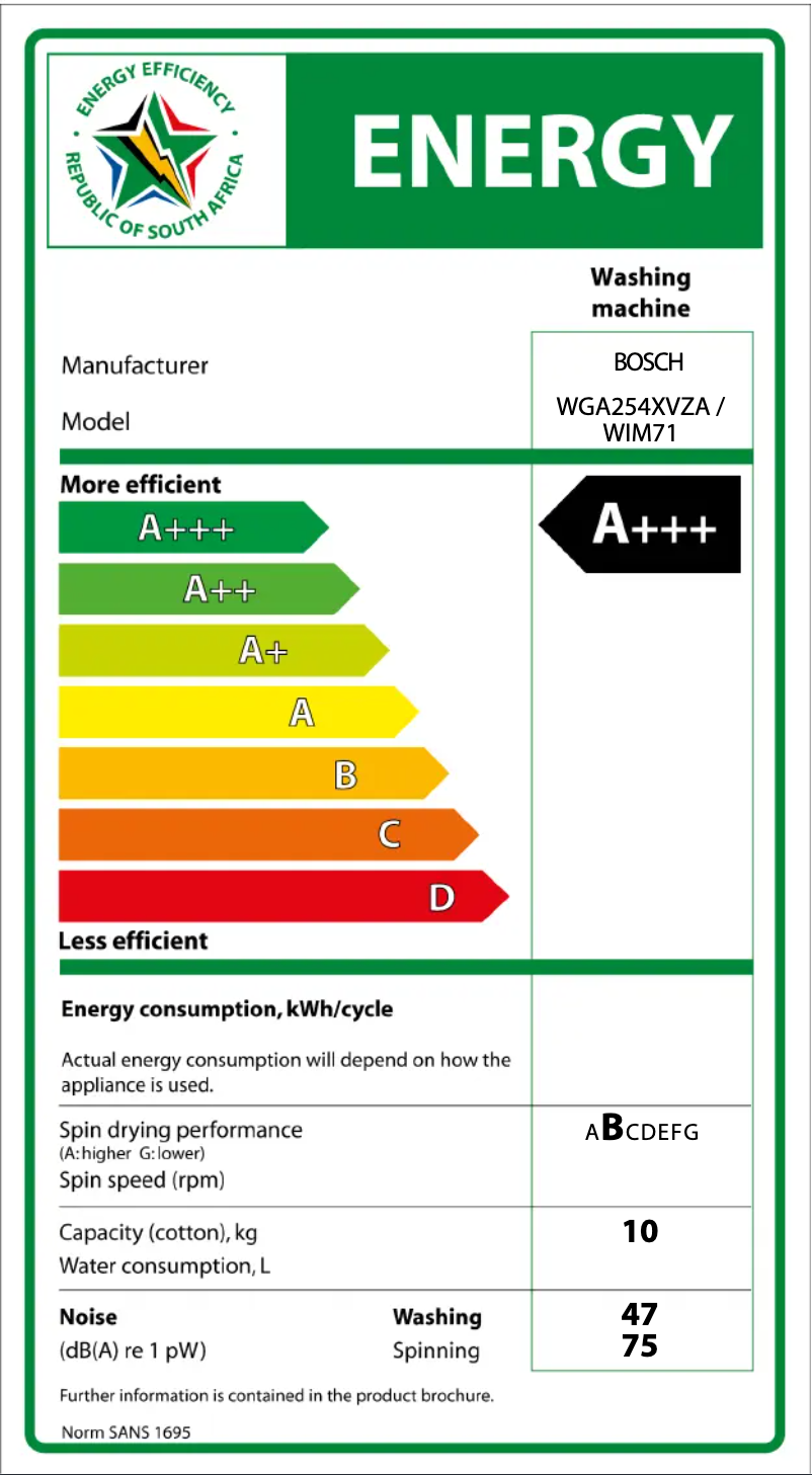 Page n°1 - Label énergétique Bosch WGA254XVZA
