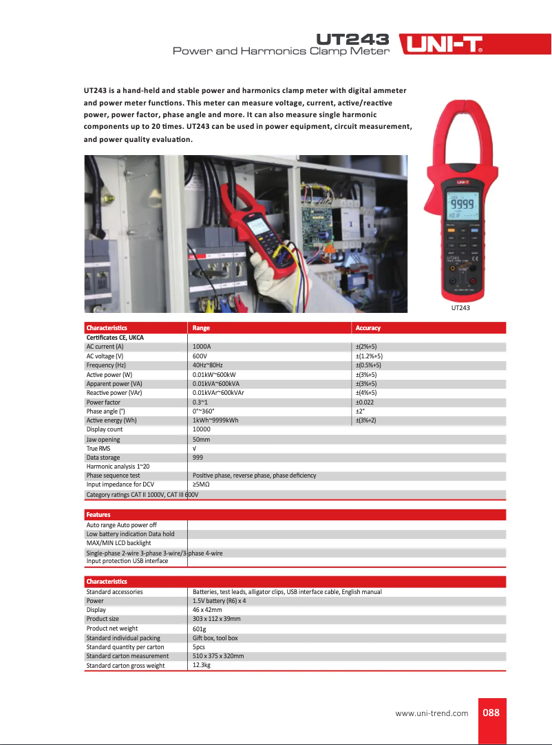 Page 1 de la notice Fiche technique Uni-T UT243