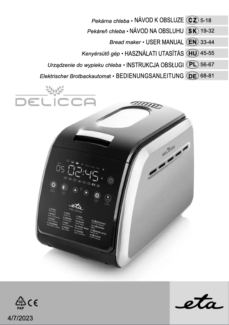 Page 1 de la notice Manuel utilisateur Eta Delicca II