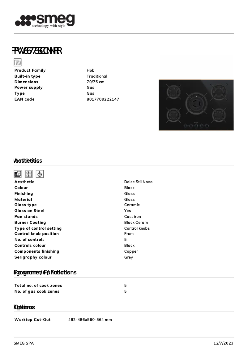 Page 1 de la notice Fiche technique Smeg PV675CNR