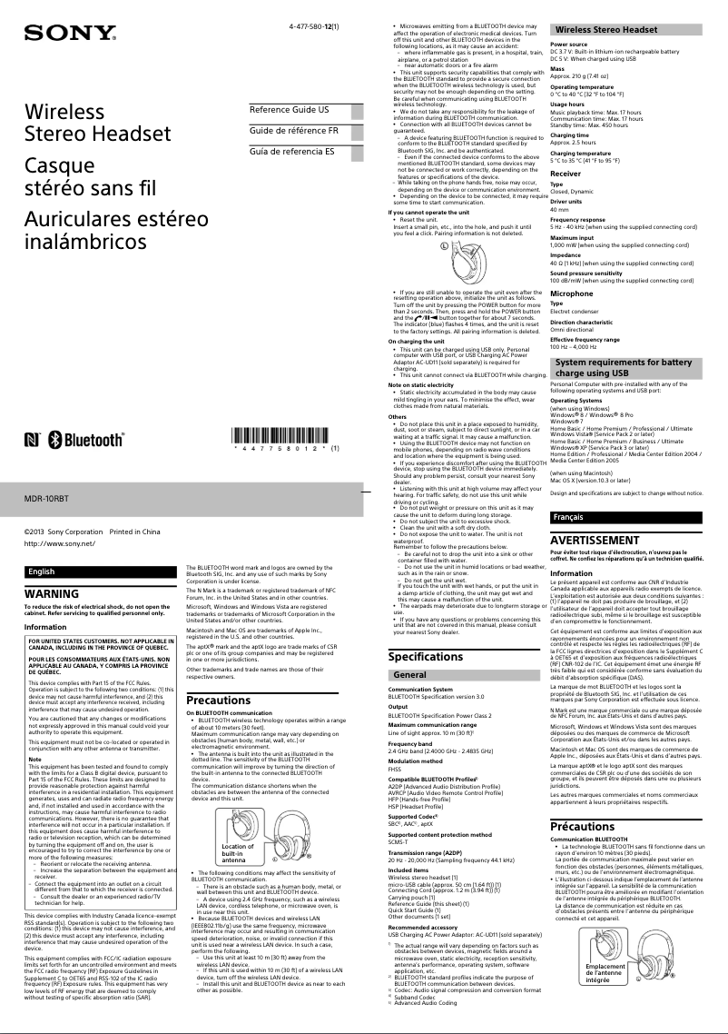 Page n°1 - Manuel utilisateur Sony MDR-10RBT