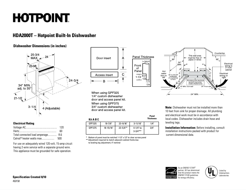 Page 1 de la notice Fiche technique Hotpoint HDA2000TBB