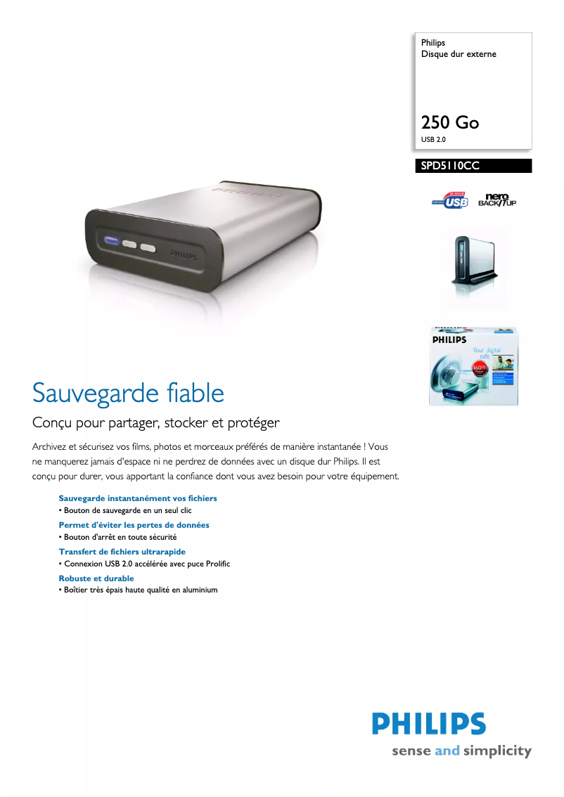 Page 1 de la notice Fiche technique Philips SPD5110CC