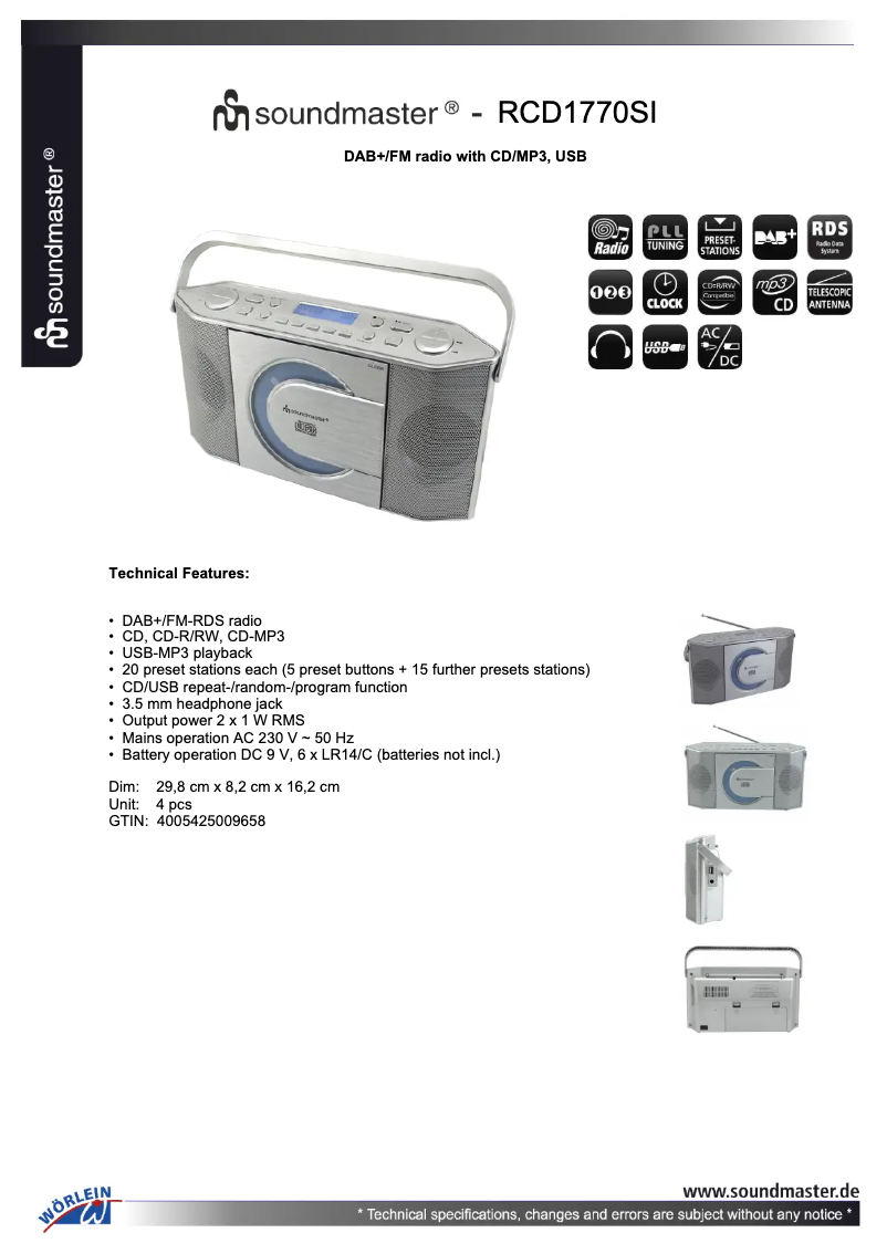 Page n°1 - Fiche technique Soundmaster RCD1770