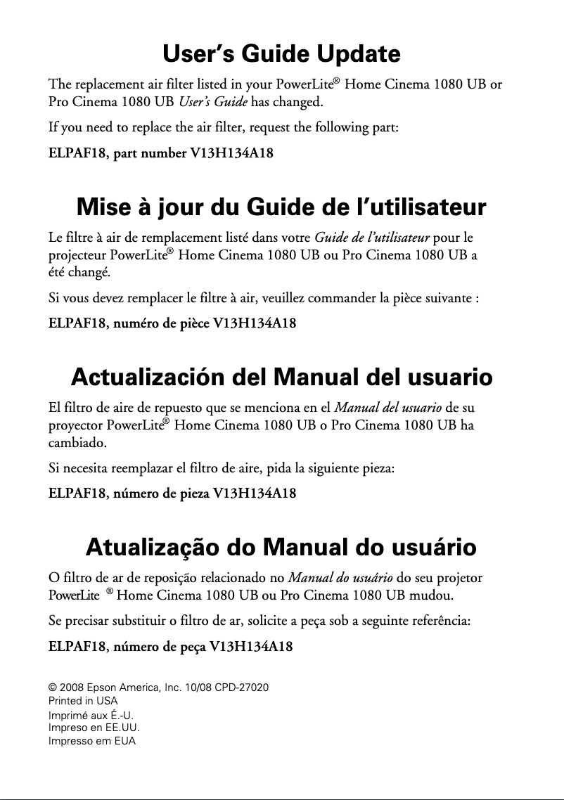 Page 1 de la notice Manuel utilisateur Epson PowerLite Pro Cinema 1080 UB