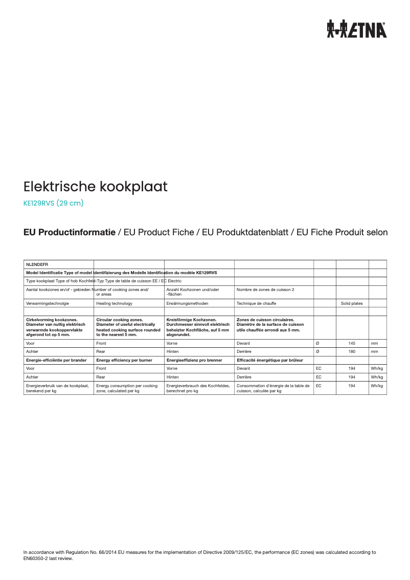 Page 1 de la notice Fiche technique Etna KE129RVS