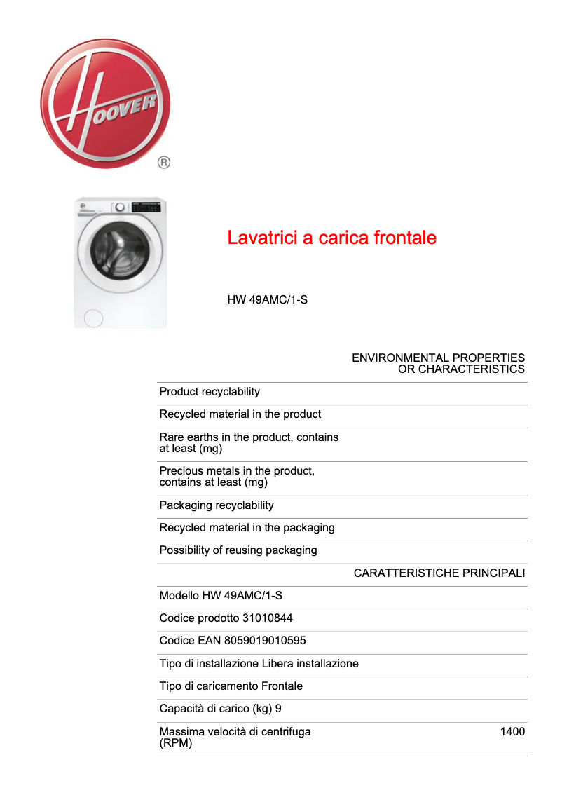 Page n°1 - Fiche technique Hoover HW 49AMC/1-S