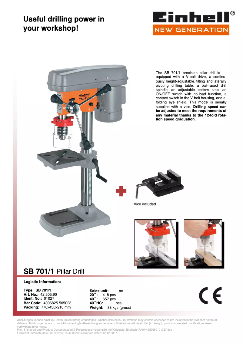 Page 1 de la notice Fiche technique Einhell BT-BD 701