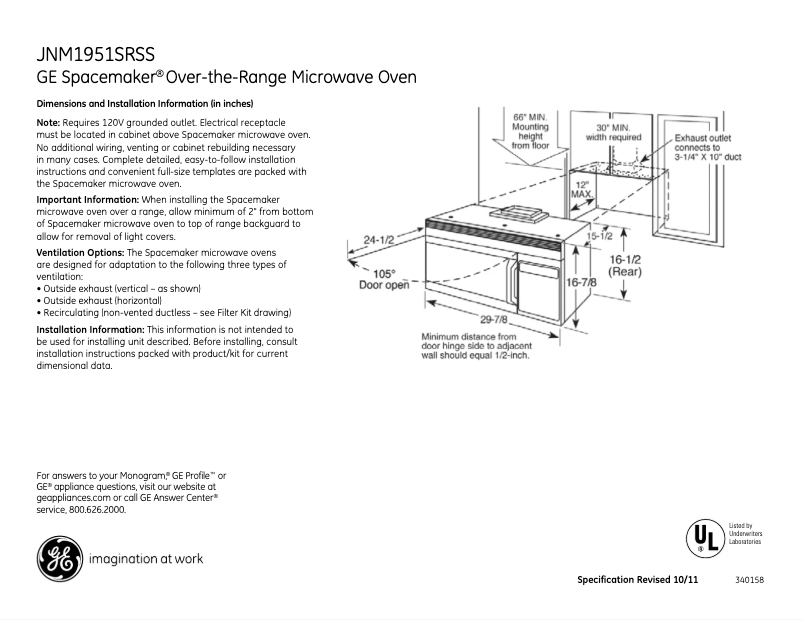 Page 1 of the manual Technical Sheet GE JNM1951SRSS