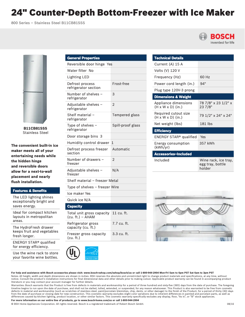 Page n°1 - Fiche technique Bosch B11CB81SSS