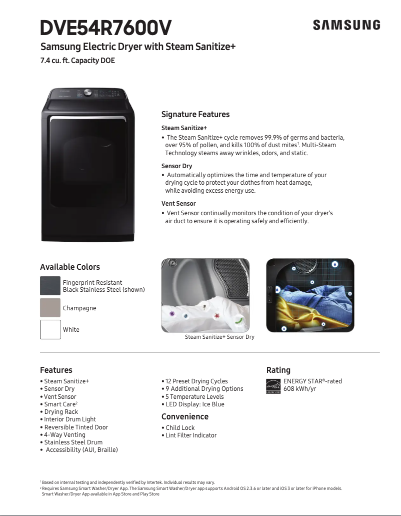 Page 1 de la notice Fiche technique Samsung DVE54R7600C