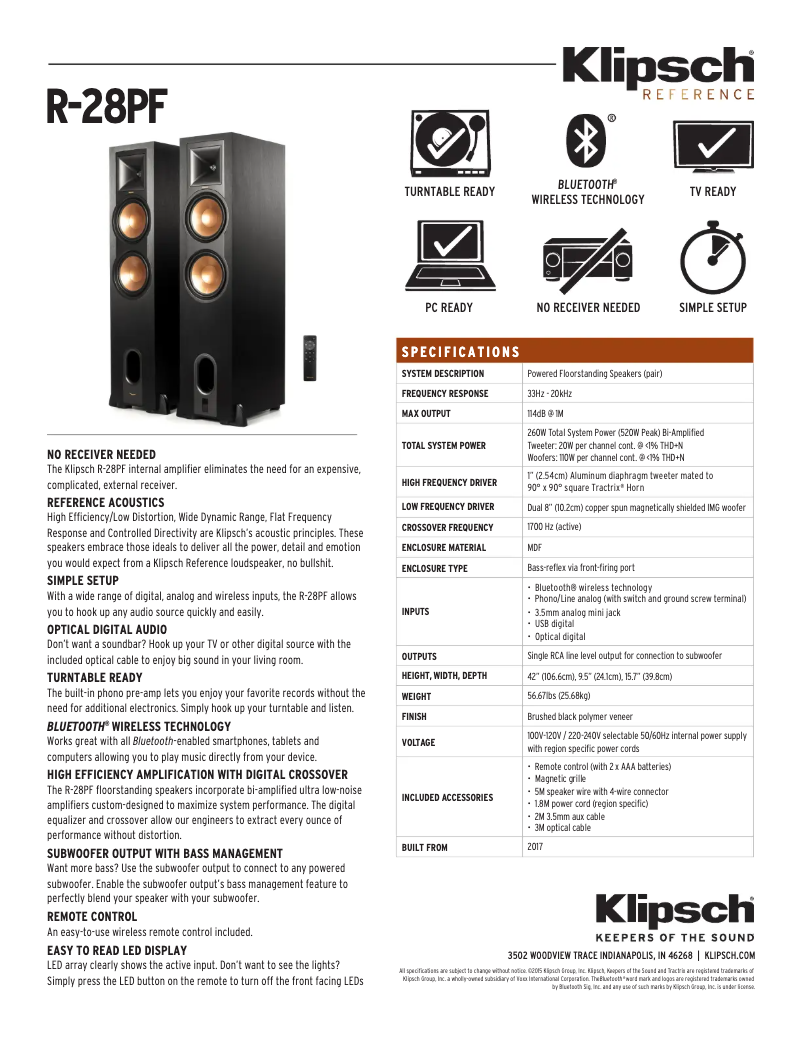 Page 1 de la notice Fiche technique Klipsch Reference R-28PF