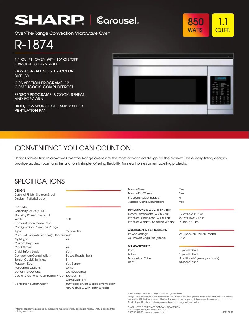 Page 1 de la notice Fiche technique Sharp R-1874S