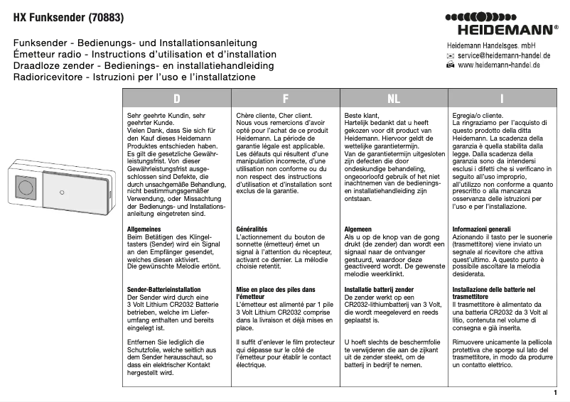 Page 1 de la notice Manuel utilisateur Heidemann 70883