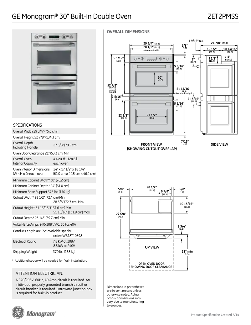 Página 1 del manual Ficha técnica GE ZET2PMSS