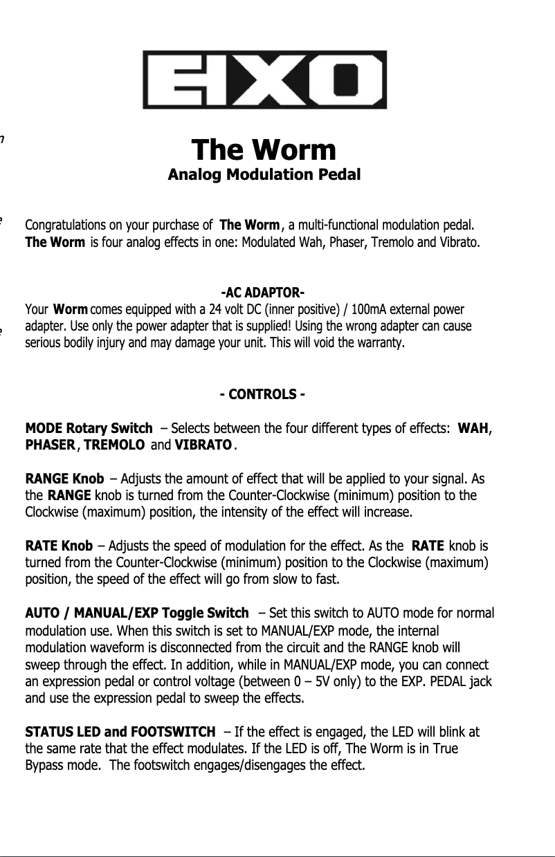 Page 1 de la notice Manuel utilisateur Electro Harmonix The Worm