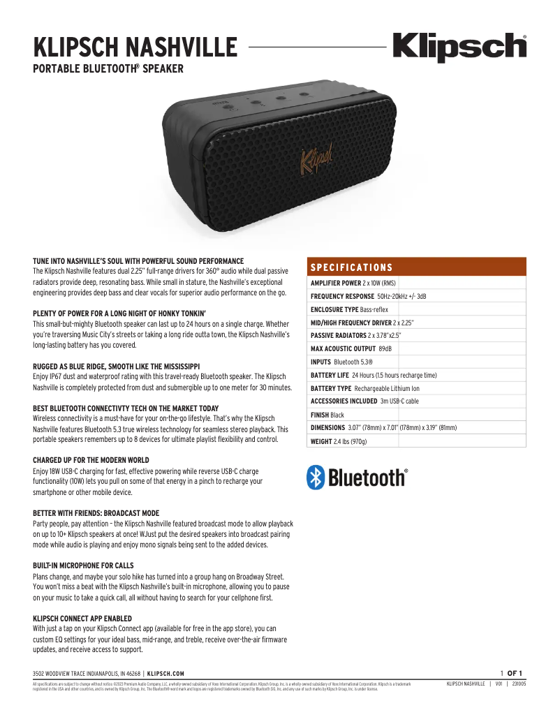 Page 1 de la notice Fiche technique Klipsch Nashville