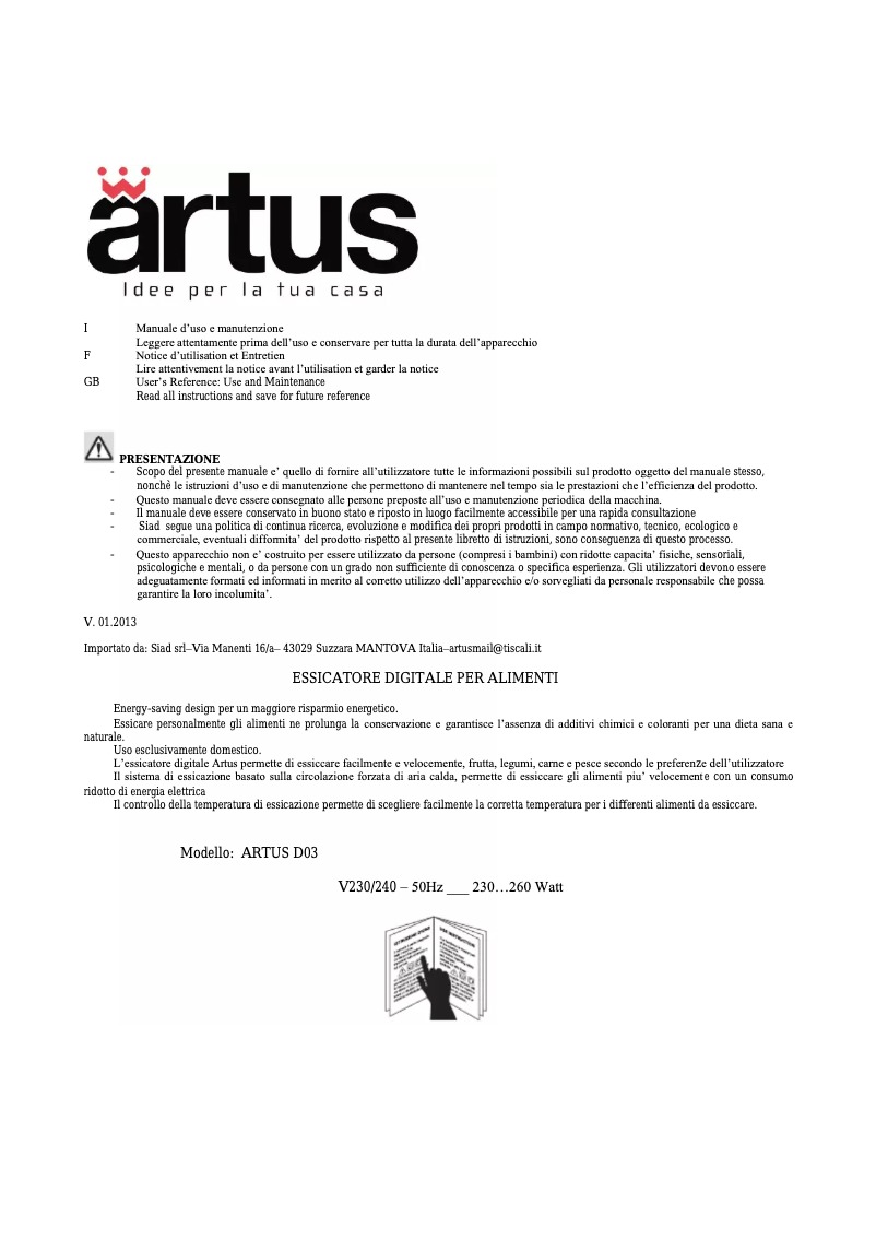 Image de la première page du manuel de l'appareil Artus D03