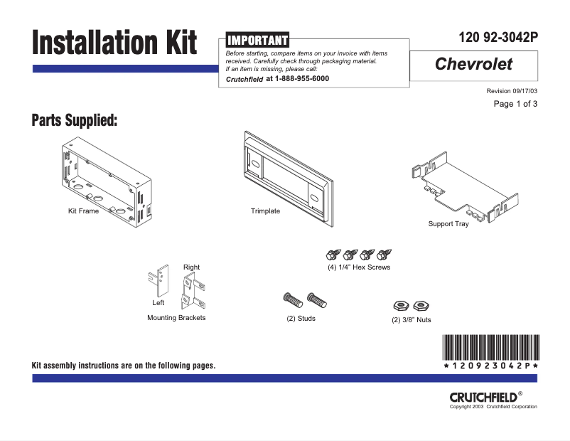 Page n°1 - Manuel utilisateur Metra 92-3042P