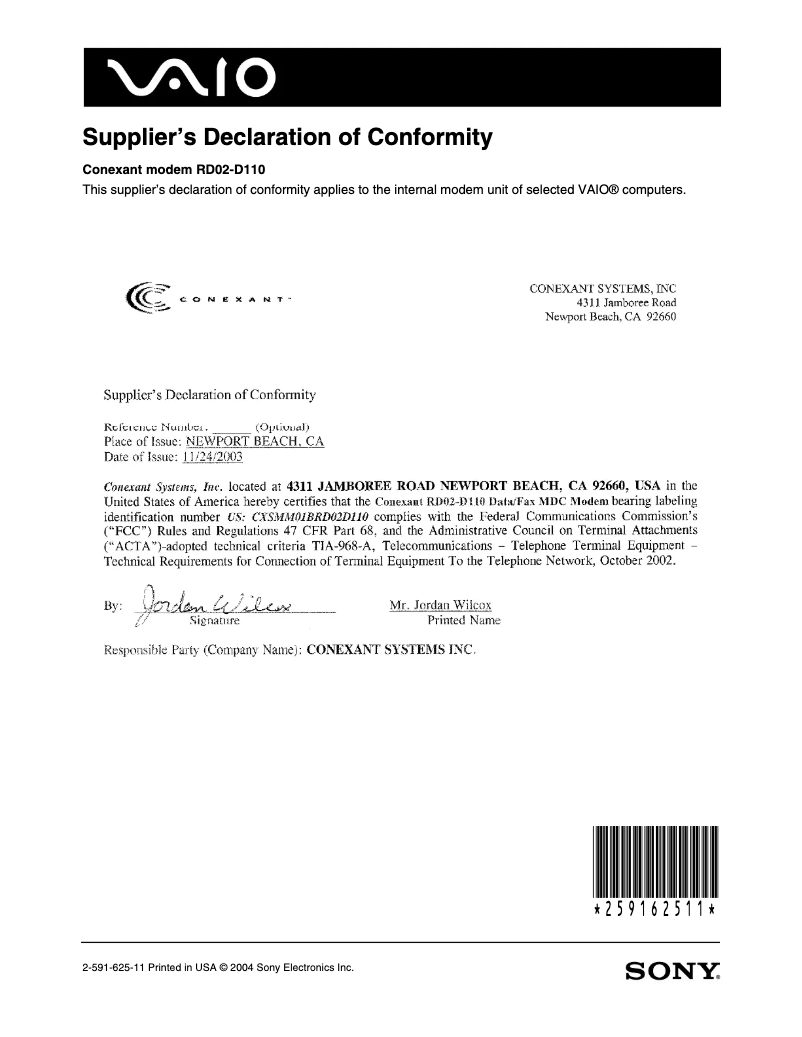 Page 1 de la notice Guide d'installation Sony Vaio VGN-FS640