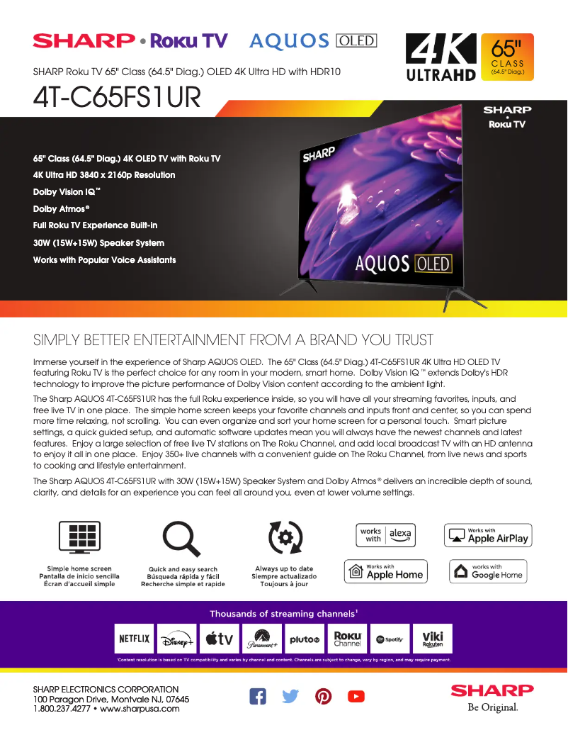 Page 1 de la notice Fiche technique Sharp 4T-C65FS1UR