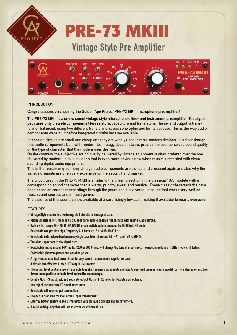 Page 1 de la notice Manuel utilisateur Golden Age Project PRE-73 MKIII