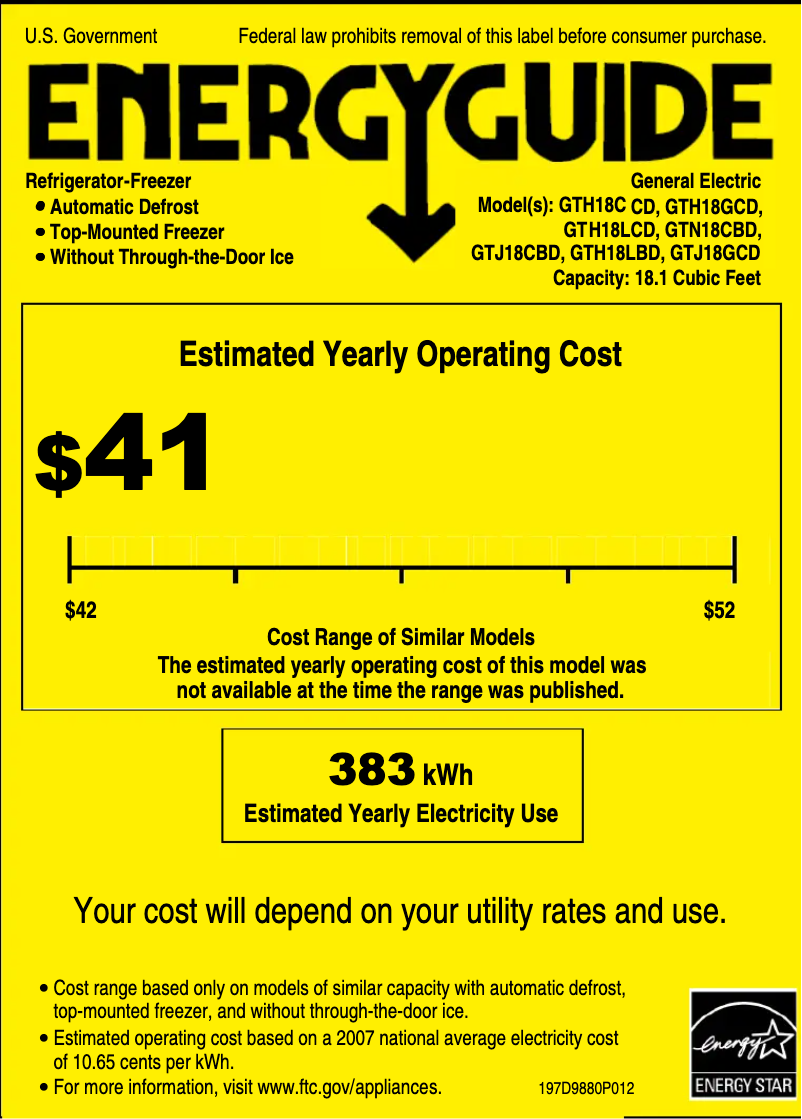 Page 1 de la notice Label énergétique GE GTN18CBDWW
