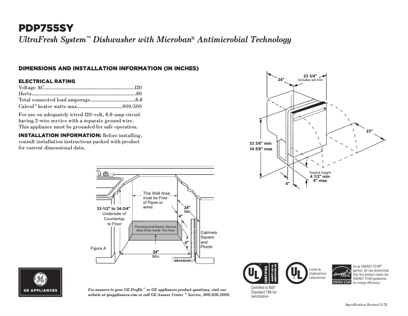Página 1 del manual Ficha técnica GE Profile PDP755SYRFS