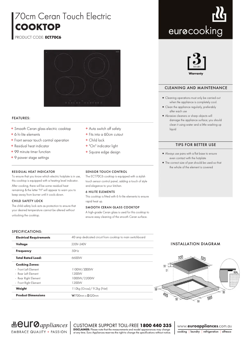 Page n°1 - Fiche technique Euro Appliances ECT70C6