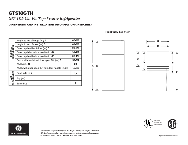 Page n°1 - Fiche technique GE GTS18GTHBB