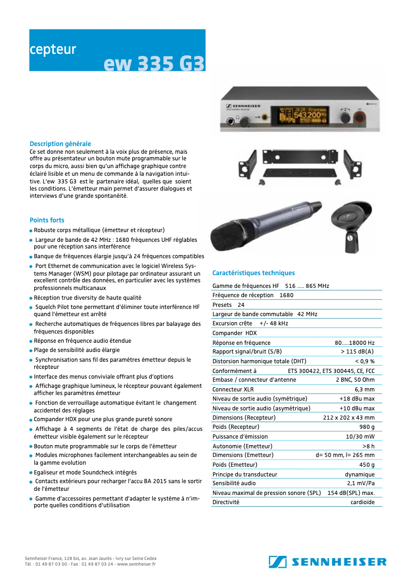 Page 1 de la notice Fiche technique Sennheiser EW 335 G3