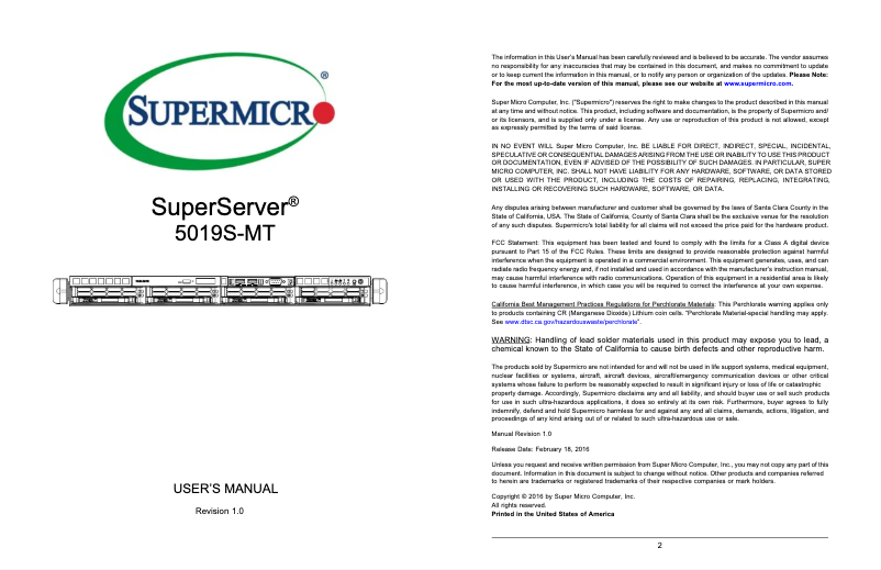 Page 1 de la notice Manuel utilisateur Supermicro SuperServer 5019S-MT