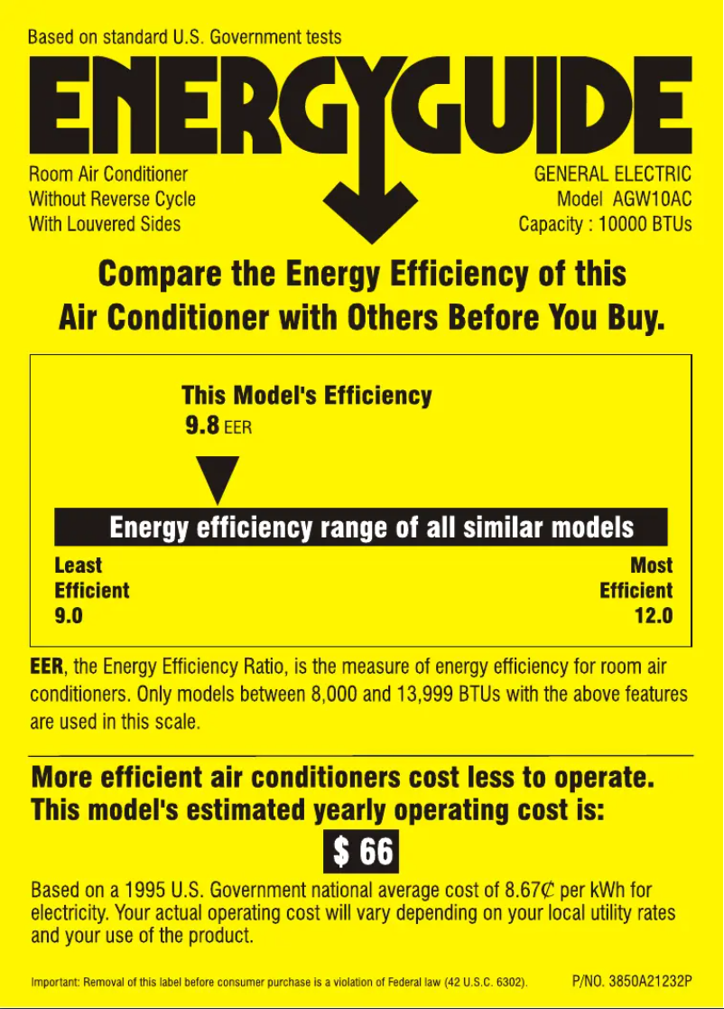 Page n°1 - Label énergétique GE AGW10AC