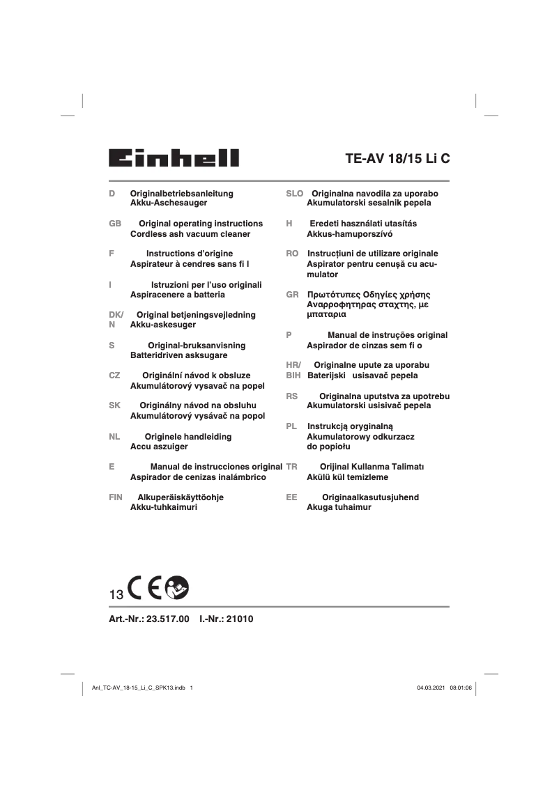 Page n°1 - Manuel utilisateur Einhell TE-AV 18/15 Li C-Solo