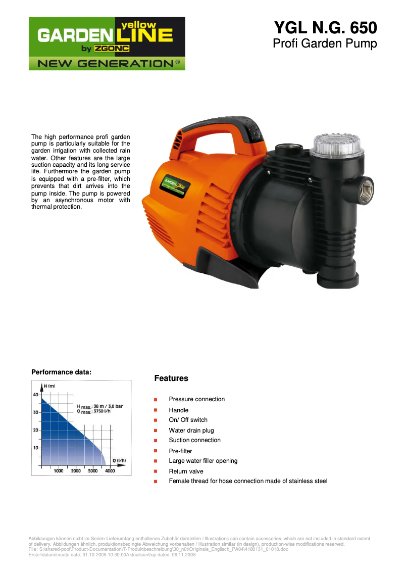 Page 1 de la notice Manuel utilisateur Yellow Garden Line YGL N.G. 650