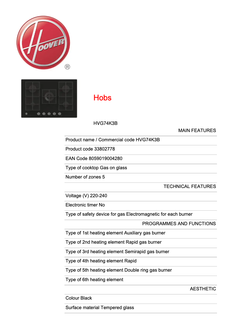 Page n°1 - Fiche technique Hoover HVG74K3B