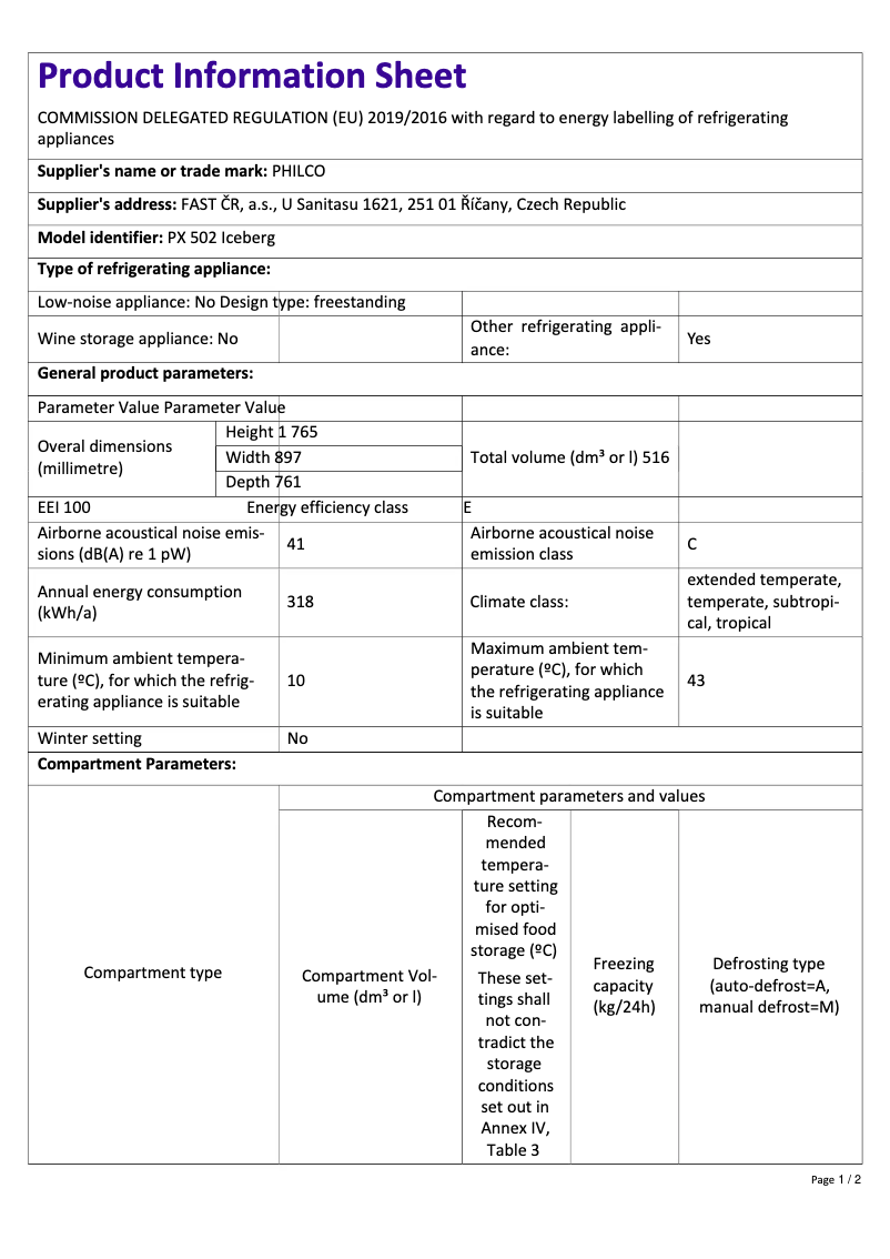 Page 1 de la notice Fiche technique Philco PX 502 Iceberg