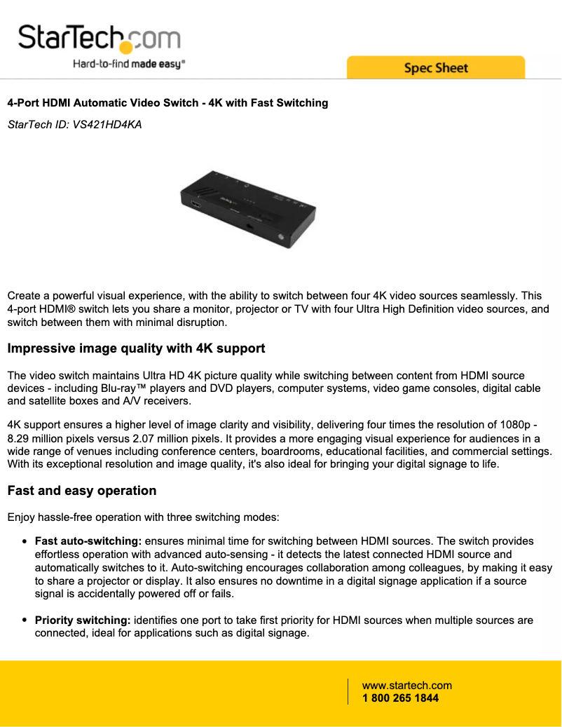Page 1 de la notice Brochure StarTech.com VS421HD4KA